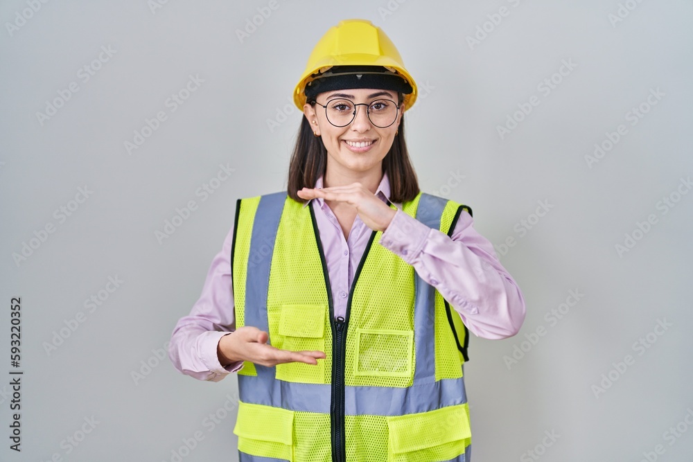 Hispanic girl wearing builder uniform and hardhat gesturing with hands showing big and large size sign, measure symbol. smiling looking at the camera. measuring concept. Hispanic girl wearing builder uniform and hardhat gesturing with hands showing big and large size sign, measure symbol. smiling looking at the camera. measuring concept.