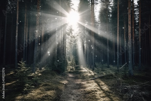 Around dusk, Sporadic Sunlight Filters Through a Forest's Trees. Generative AI