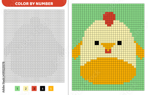 Chick squishmallow. Color by number. Pixel coloring book. Numbered squares. Game for kids. Vector