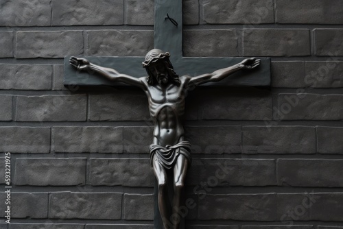 Conceptual wooden crucifix on a recently painted black brick wall. Generative AI