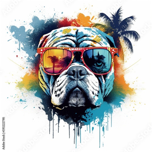 Funny Colorful Dog Portrait in Sunglasses. Trendy Sticker or T-shirt Design. Generative Ai