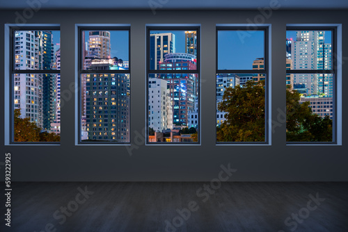 Empty room Interior Skyscrapers View Bangkok. Downtown City Skyline Buildings from High Rise Window. Beautiful Expensive Real Estate overlooking. Night time. 3d rendering.