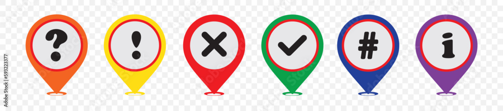 Obraz premium Vector illustration of a set of multi-colored map piointers on a transparent background.