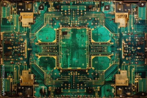 a circuit board featuring semiconductors and diodes from the future. Generative AI