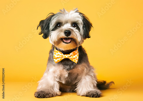 Cool Havanese posing in the photo studio in front of the yellow background. Despite being in an unfamiliar environment, the animal feels good. AI generated illustration.