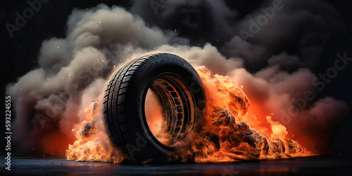 the car tire on fire with smoke coming from it