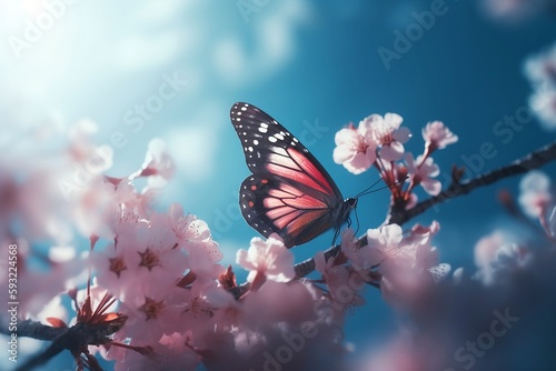Beautiful butterfly on a blossoming tree branch in the park in spring. Generative AI. © D