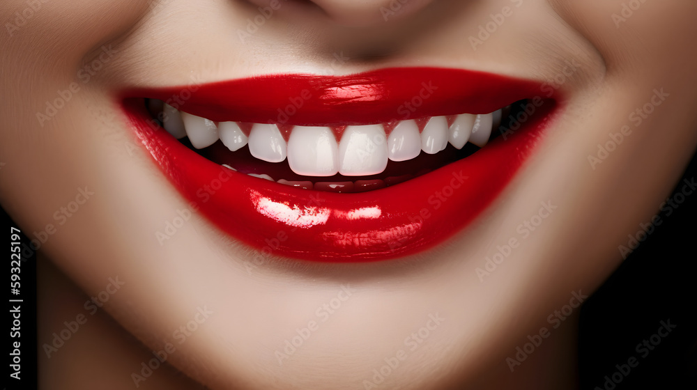a beautiful smile with beautiful teeth but one of the front teeth is chipped, red lipstick on lips a beautiful smile with beautiful teeth but one of the front teeth is chipped, red lipstick on lips