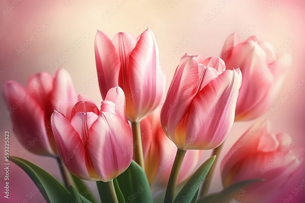 pink tulips on a white background. Generative AI.
