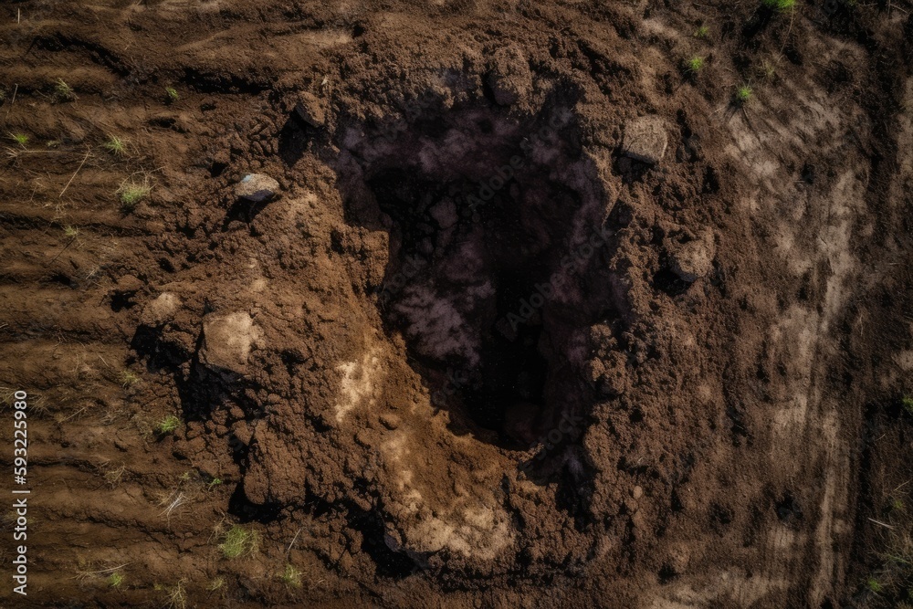 Fototapeta premium Brown plowed the ground. aerial view of a brown backgrounded field. Earth from above. Generative AI