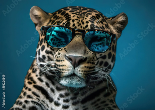 Cool jaguar posing in sunglasses against a blue background. Despite being in an unfamiliar environment, the animal feels good. AI generated image. © Czintos Ödön