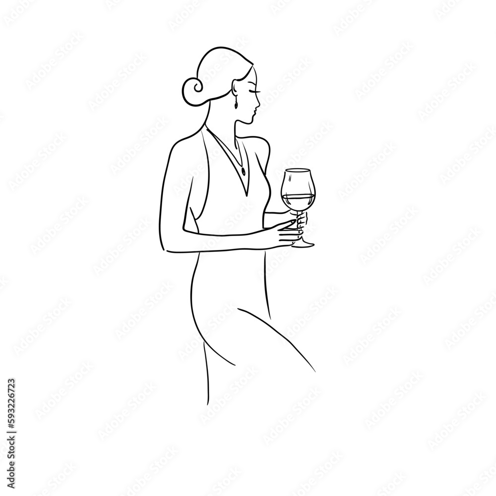 Beautiful young woman with a glass of wine. Stock vector illustration. Linear illustration. Beautiful young woman with a glass of wine. Stock vector illustration. Linear illustration.
