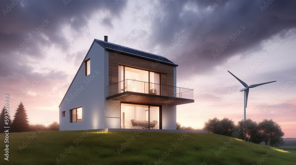 A modern family house building with a wind turbine next to it.
A modern family house building with a wind turbine next to it.