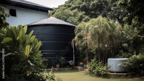 A eco-friendly house with a rainwater harvesting system. 