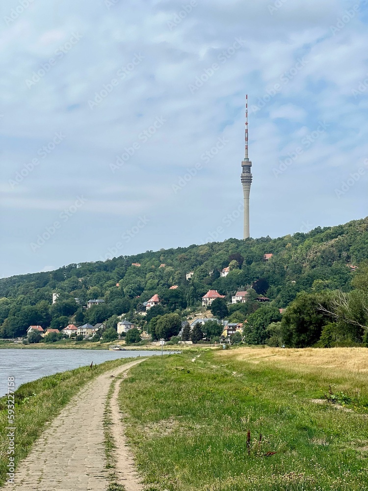 Vertical shot of a pathway at a lake on the background of the Fernsehturm Dresden