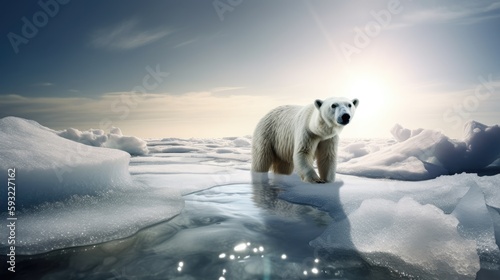 A polar bear standing over a melting ice sheet in the ocean on a warm sunny day. 