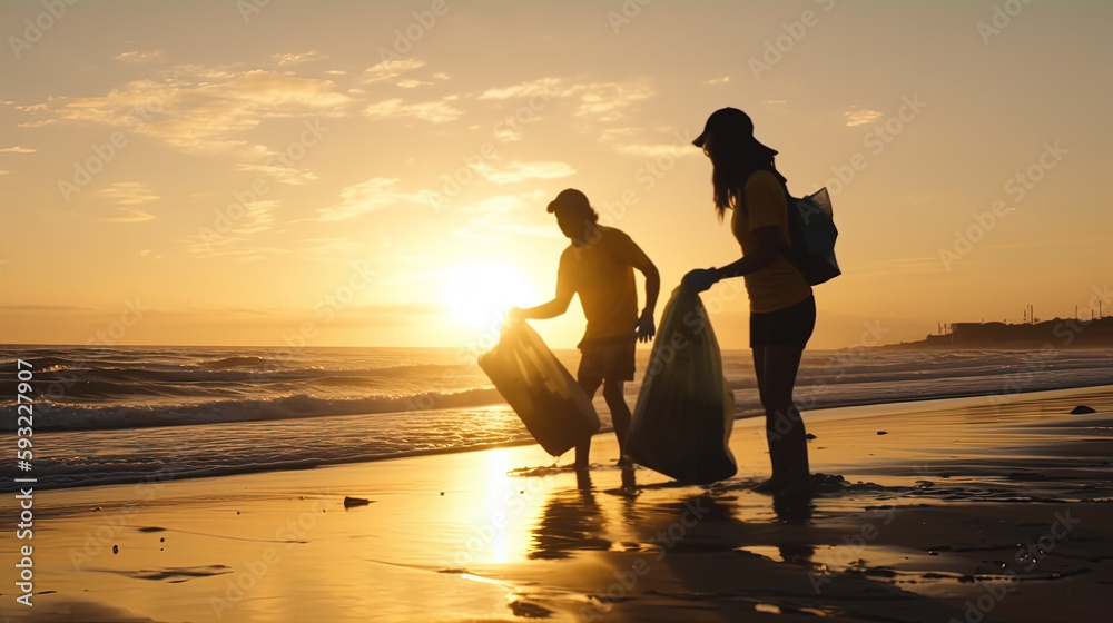 People cleaning plastic on the beach, close up. Volunteers collect trash in a trash bag. Plastic pollution of oceans, sustainability concept. Voluntary cleaning of nature from plastic and cleaning