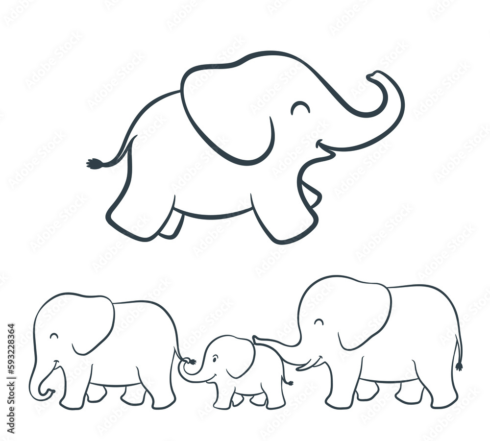 Cartoon illustration of baby elephant with family