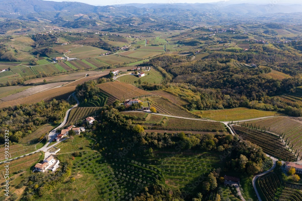 Aerial view of an agriculture field with green grass and trees surrounded by a mountain range