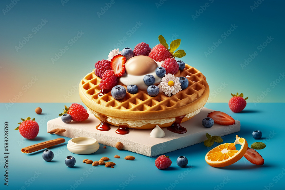 Obraz premium Tasty breakfast with waffles, Super photo realistic background, generative ai 3d illustration