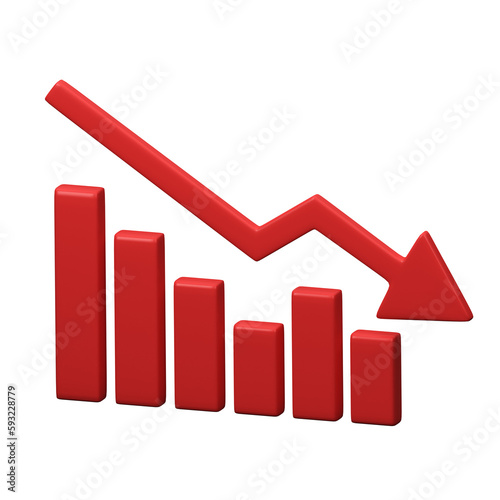 A Graph With A Downward Trend. Red Arrow Pointing Down On The Chart. Downwards Chart Sign. A Symbol Of A Decline, A Fall In Price. 3D Render Illustration.