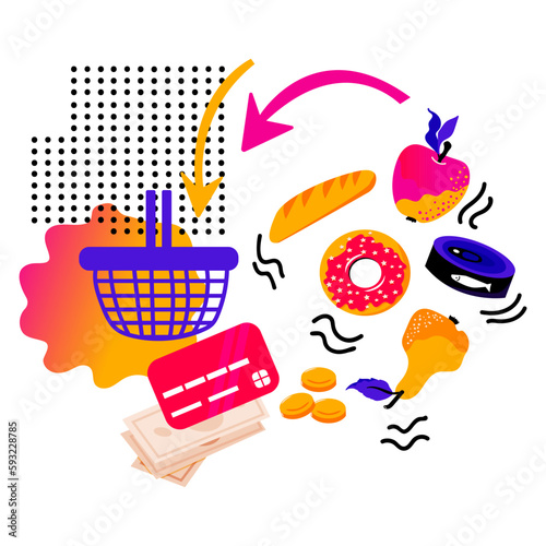 Doodles. Consumer basket. Сhoice products online. Ordering food, paying for purchase with credit card on the website.  Internet shopping at computer.  Abstract cute geometric elements. Vector