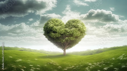 heart shaped tree on green field generative AI digital illustration.