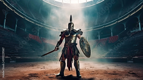 Mysterious gladiator with sword and shield stands in battle arena. Postproducted generative AI illustration. photo