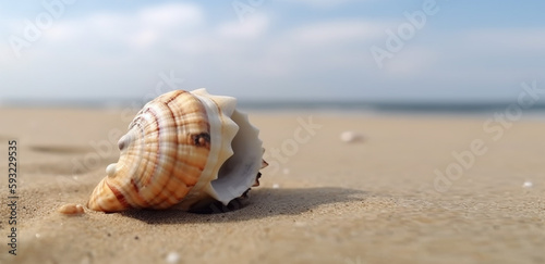 Seashell on the sand against the backdrop of the sea with copy space. Vacation, rest on the seashore. Generative AI content.