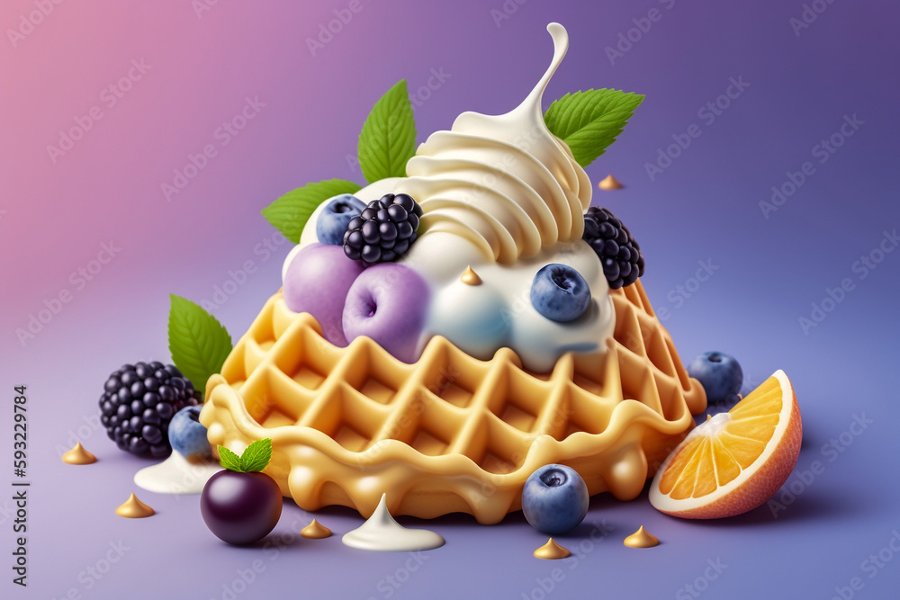 Obraz premium Tasty breakfast with waffles, Super photo realistic background, generative ai 3d illustration