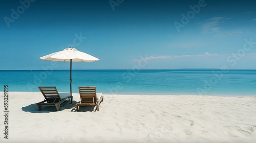 beach chair and umbrella on the beach.