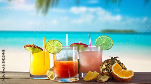 Tropical cocktails in beach decorations,generative AI digital illustration.