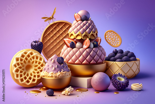 Tasty breakfast with waffles, Super photo realistic background, generative ai 3d illustration