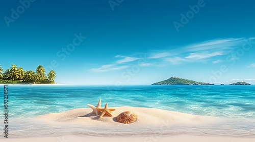 Sunny tropical Caribbean beach with palm trees and turquoise water, caribbean island vacation, hot summer day 