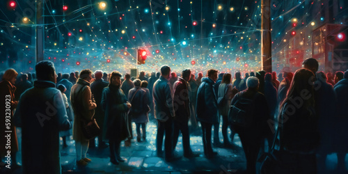 people crowd near the network of dots by dark blue light