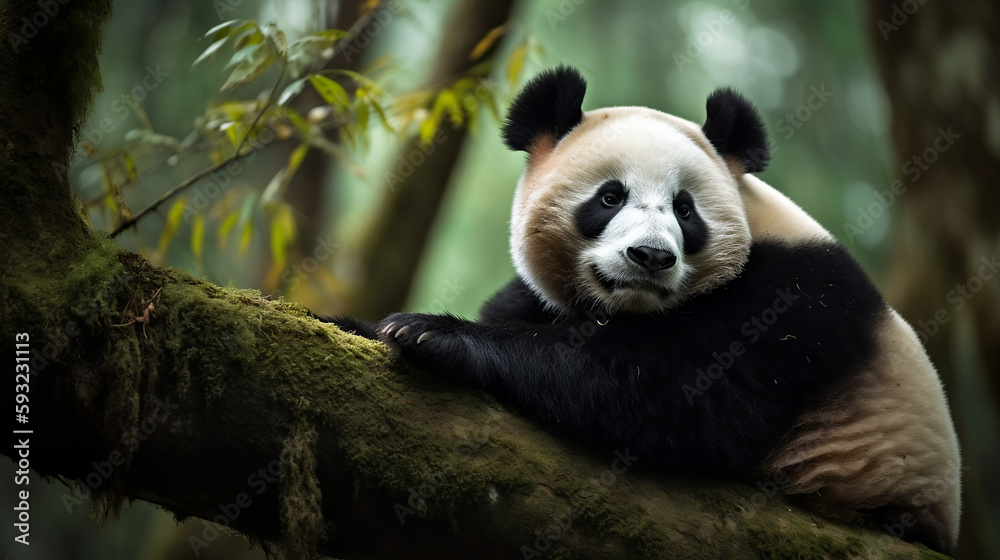 Obraz premium Lazy Panda Bear Sleeping on a Tree Branch, China Wildlife. Bifengxia nature reserve, Sichuan Province, Generative Ai