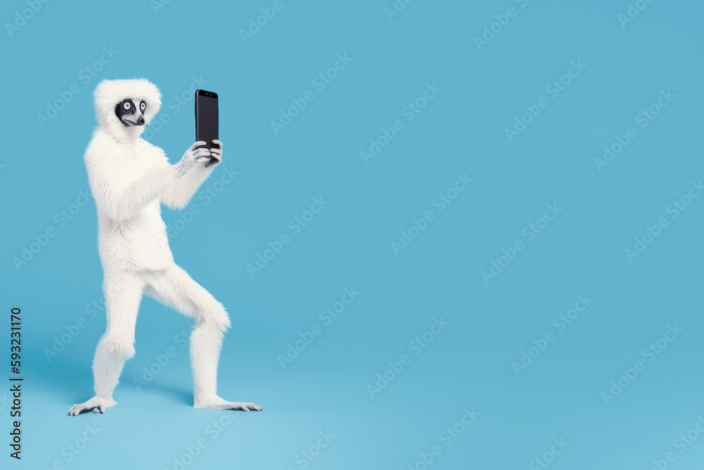 lemur is standing with a phone on a blue background, Generative AI lemur is standing with a phone on a blue background, Generative AI