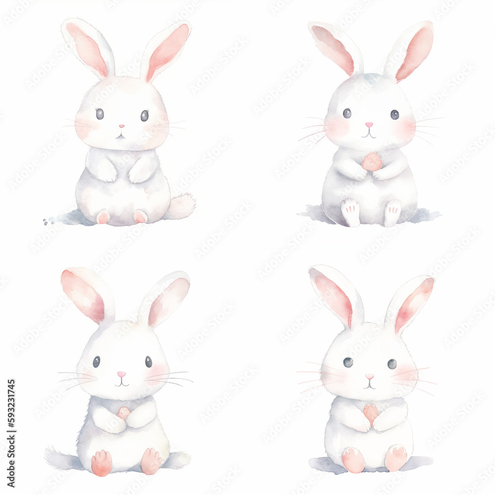 うさぎの水彩イラスト、白、デフォルメ、かわいい、キャラクター うさぎの水彩イラスト、白、デフォルメ、かわいい、キャラクター