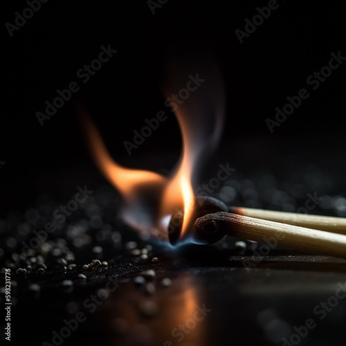 Burning match on black background, generative ai