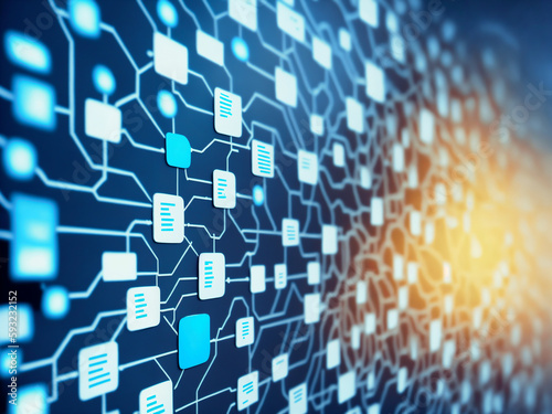 Abstract technology background with data structure mind map organigram organization lines on virtual display. For artificial intelligence, information technology, data flow. Generative AI