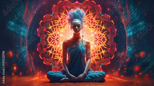Deep meditating woman in lotus pose and her focusing mind to calmness. Fictitious person made by Generative AI.