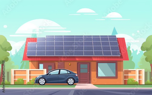 Illustration of an electric car in front of a house with solar panels on the roof, concept of solar powered home 