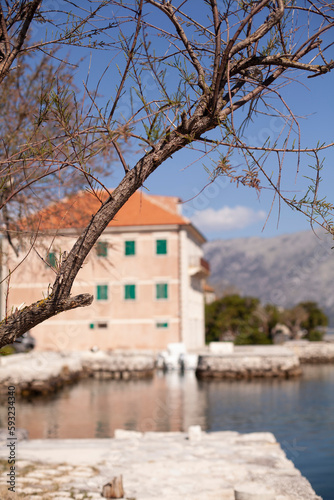 Sea, mountain, stone house. Spring landscape. Montenegro, Kotor Bay view.
