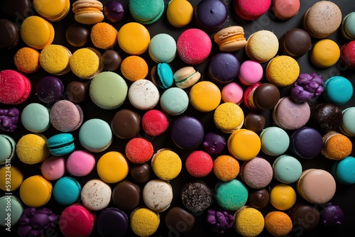 Generative AI illustration of vast array of different brightly colored macaroons