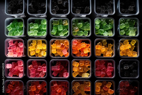 Generative AI illustration of vast array of different gummy bear flavors in open square containers