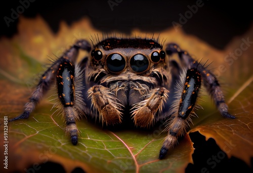 Generative AI illustration of a jumping spider sitting on a leaf and looking at the camera, in the style of dark brown and gray, exaggerated facial features, heywood hardy photo