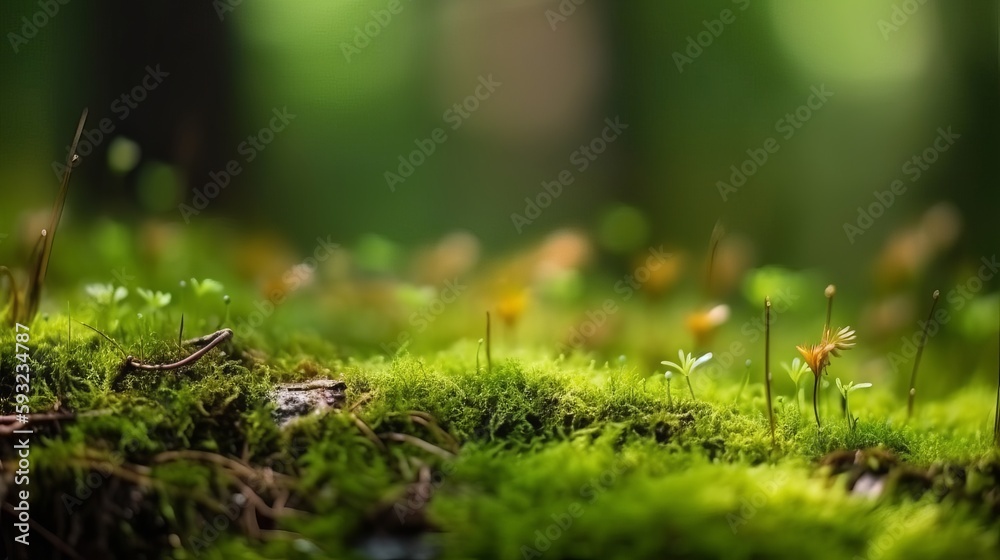 Green moss in a bright forest clearing. Seasonal natur background with bokeh and short depth of field. Close-up Generative AI Green moss in a bright forest clearing. Seasonal natur background with bokeh and short depth of field. Close-up Generative AI
