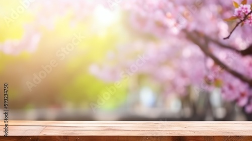 Empty wooden table in Sakura flower Park with garden bokeh background with a country outdoor Generative AI