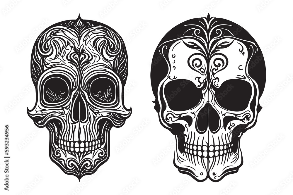 Tribal skull tattoo design black outline vector on white background, Skull with floral design vector Tribal skull tattoo design black outline vector on white background, Skull with floral design vector
