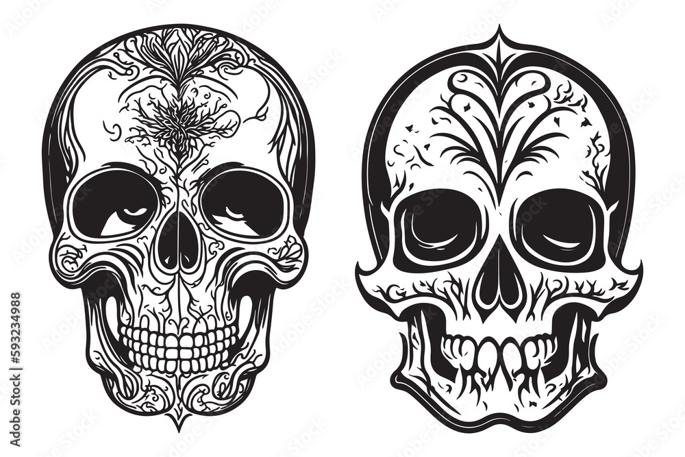 Obraz premium Tribal skull tattoo design black outline vector on white background, Skull with floral design vector